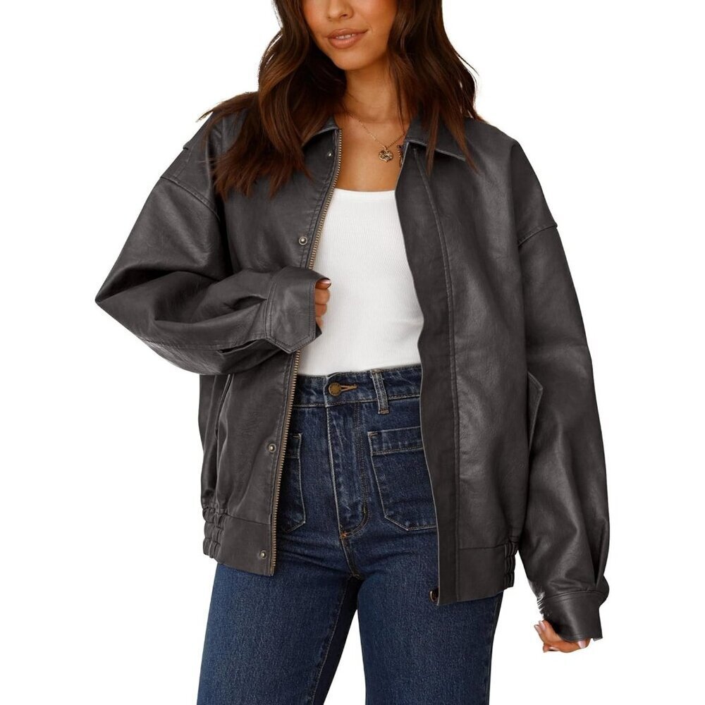 Women Grey Faux Leather Motorcycle Jacket Trendy Fall Spring Clothes Outerwear